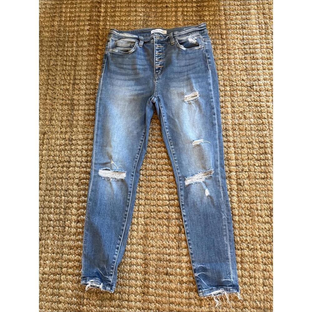 Flying Monkey Distressed Blue Button-Fly Skinny Jeans